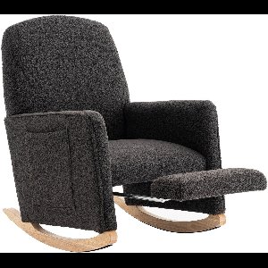 Merax Schommelstoel met Hocker - Relaxstoel met Armleuningen - Teddy Stof Donkergrijs - Ergonomisch Ontwerp - Houten Schommelpoten - Fauteuil met Voetenbank voor Woonkamer of Slaapkamer
