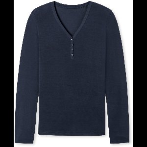 SCHIESSER Mix+Relax T-shirt - dames shirt lange mouwen modal v-hals knoopsluiting blauw
