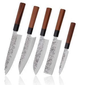 Professionele 5-delige Messenset uit Gehamerd Staal met Zwarte Finish – Vlijmscherp & Duurzaam – Handvaten van Rozen- & Ebbenhout – Luxe Geschenkverpakking – KAAMUT®