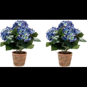 Bellatio Flowers & Plants Kunstplant Hortensia - 2x - blauw - 37 cm - in ronde terracotta pot - nepplant