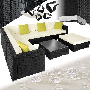 tectake® Wicker loungeset - Modulaire elementen - Voor 6 personen - Loungebank met zit- en rugkussens en sierkussens - Inclusief tafel met glazen plaat - Weerbestendig - Afmeting tafel (LxBxH) 69 x 69 x 25,5 cm - Zwart