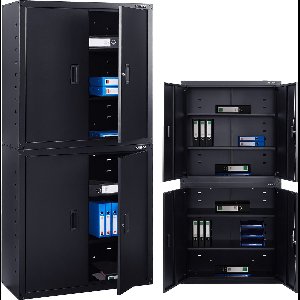 AREBOS Archiefkast - Dossierkast - Roldeurkast - Kantoorkast - Opbergkasten met deuren - Archiefkast Metaal - 180x90x40 cm - Zwart - 4 Uitneembare planken