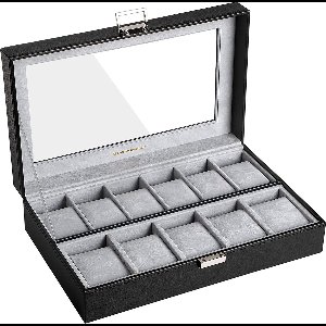 horlogekast, horlogekast, opbergdoos met grote vakken, met PU-deksel, fluwelen bekleding en glasvenster, zwart JWB14BK