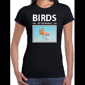 Dieren foto t-shirt Flamingo - zwart - dames - birds of the world - cadeau shirt Flamingos liefhebber XS
