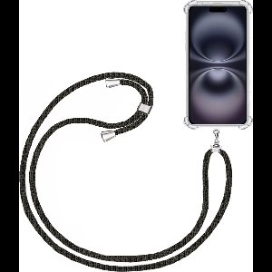 Telefoonkoord + Hoesje Geschikt voor Apple iPhone 16 Plus - Lengte Verstelbaar - Telefoonketting - Shock Proof Case - Zwart