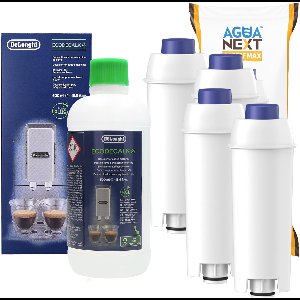 Agua Next, 4x waterfilter voor koffiemachines, filterpatroon compatibel met Delonghi, vervanging SER3017 DLS C002+ 1x ontkalker, DeLonghi EcoDacalk 500ml, origineel, kit voor espressomachine