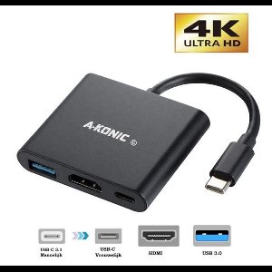 USB-C naar HDMI (4K), USB A en USB C Opladen | 3 in 1 Adapter | Type C  To HDMI, USB 3.0 & Type-C Fast Charging Hub | Compatible Wth Apple Macbook Pro | Air | Chromebook | IMAC  | XPS | Dell | Lenovo | Surface | Samsung | Zwart | A-KONIC©