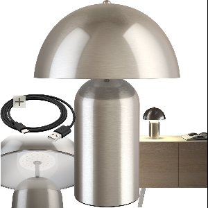 tectake® Retro Tafellamp - Paddenstoeldesign - Vintage Lamp - Warm Wit Licht - Touch Schakelaar - Draadloos - Dimbaar - 5W - Oplaadbaar - Draadloos - Hoogte 34cm - Nikkel