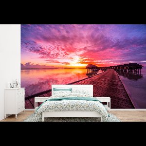 Behang - Fotobehang Steiger - Water - Zon - Roze - Horizon - Breedte 360 cm x hoogte 240 cm