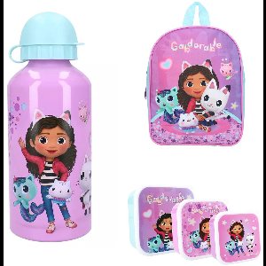 Gabby’s Dollhouse Schoolpakket – Rugzak, aluminium drinkbeker (500 ml) & 3-in-1 lunchbox broodtrommel – Compleet setje voor school, opvang of uitjes – Vrolijk design met Gabby & katten – BPA-vrij – Ideaal voor jonge fans – Lichtgewicht & praktisch