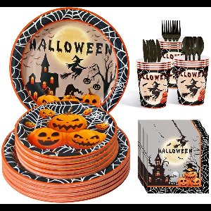 OIMG Halloween - 20 personen - Creatief pompoen servies set - Kartonnen Borden - Bekers - Feestservies - Wegwerpborden - Wegwerpbekers - Wegwerpservies - servies - napkins - Halloween decoratie - voor Feest/verjaardag/BBQ/Buffetten/Barbecues borden