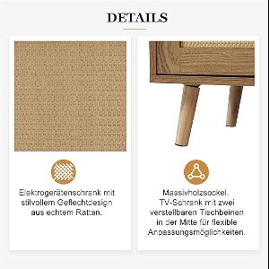 TV-meubel houtkleur retro – Medahomestore Rotan TV-kast 200 cm – Dressoir met glazen deuren & laden – TV-meubel voor onder 85 inch televisie – Houten lowboard met veel opbergruimte – Vintage tv-meubel woonkamer – Scandinavisch design