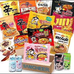 SAMCHEER Korean Ramen Snack Box - Samyang Buldak Carbonara - Nongshim Pikante Koreaanse Noedels - Kimchi Ramen - Rice Crackers - Bubble MilkTea - 20-delig box