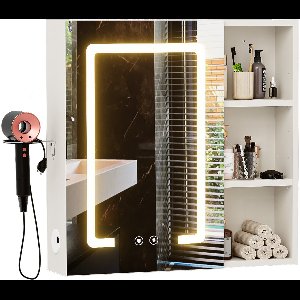 badkamermeubel-Badkamerspiegel met verlichting - Wandspiegelkast - Verstelbare LED-verlichting met touchbediening - Föhnhouder - Houten anti-condens spiegelkast - Badkameropbergkast - Europese standaardstekker - Wit