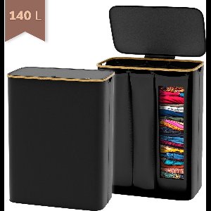 Wasmand 3 Vakken 140L – Opvouwbare Wasmand met Deksel – Houten Rand – Zwart – IN-HOMEXL Modena- 57×37×75cm