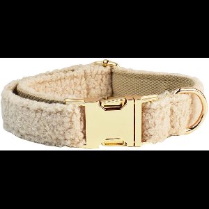 Beige Luxe Hondenhalsband – Textiel Design, Gouden Gesp, Maat M (27–41cm) | Elegant & Verstelbaar
