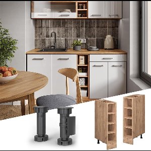 Luxe Keukenrek “R-Line Gold Oak” – Smal Keukenkastje met Open Planken – Moderne Keuken Organizer – 81,5 cm Hoog – Industriële Houten Opbergkast – Goud Eiken – Duurzaam & Elegant Design
