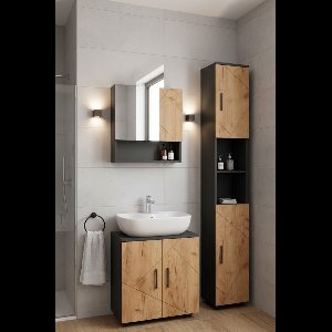 Luxe Badkamermeubelset “Irma Deluxe” – Antraciet / Eiken – 3-Delige Set met Spiegelkast, Wastafelonderkast & Hoge Kast – Modern Design – Stijlvolle Opbergmeubels voor Badkamer – 80x60 cm – Onderkast, Kast & Spiegelkast