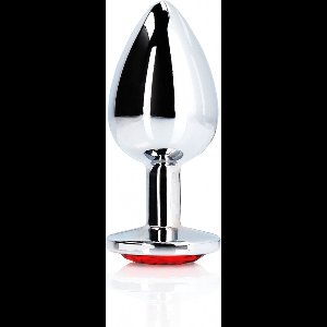 Shots - Ouch! OU794SIL - Round Gem Butt Plug - Medium - Silver / Ruby Red