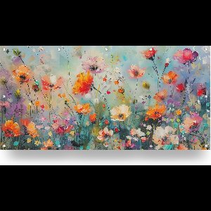 Kontoer design ® Artistieke tuinposter xxl 200x100 cm met veel bloemen in vrolijke kleuren en veel details zoals waterdruppels, klaprozen, insecten en bessen; Tuinposter bloemen, Tuinschilderij bloemen, Tuindoek, Schuttingposter, Buitenposter