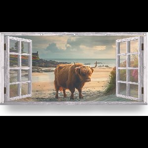 Tuinposter doorkijk xxl 200x100 cm met bloemen, strand, zee en een Schotse hooglander bij zonsondergang, Tuinschilderij, Schuttingposter, Schuttingdoek, Schutting decoratie, Tuindecoratie