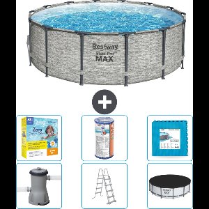 Bestway Rond Steel Pro MAX Zwembad - Steenprint - 427 x 122 cm - Inclusief Pomp - Ladder - Afdekzeil Onderhoudspakket - Filter - Vloertegels
