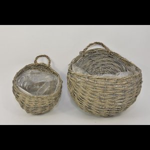 Oneiro Luxe Bloempot Set/2 wandhanger rond riet grijs 32x32x38cm – hotel chique - binnen ––– accessoires – tuin – decoratie – bloemen – mat – glans – industrieel - droogbloemen - Buiten bloempot - tuin - tuinieren