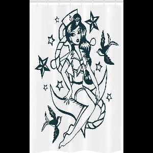 Marine Shower Curtain with Pin-up Girl Design - Teal and White - 120 x 180 cm