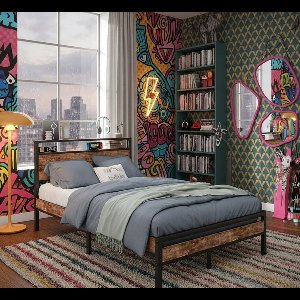 Metalen Bed 120x200 – Industrieel Bedframe met Lattenbodem, Opbergruimte Hoofdbord, Super Stevig & Stil – Volwassenen / Tieners / Kinderen – Vintage Bruin & Zwart – House&Garden