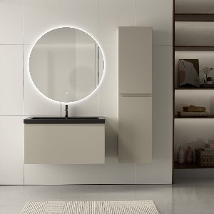 LOMAZOO Badmeubelset Greige 80 cm - Wastafel Zwart - Badkamermeubel set Beige Grijs - Wastafelmeubel - Badkamerkast hoog [SORRENTO]