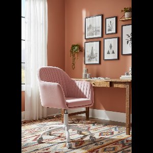 Ergonomische Fluwelen Bureaustoel Draaibaar met Armleuningen | Hoogte Verstelbare Homeoffice & Make-up Stoel | Comfortabele Kantoorstoel op Wielen | Depauwwonen – Roze