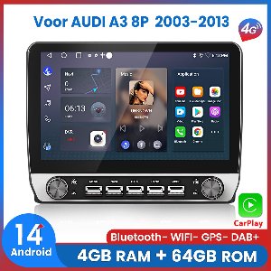 Awesafe 8-Core 4+64GB 10.1 Inch Autoradio - Voor Audi A3 2003 t/m 2013 - Draadloze Carplay Android Auto - Touchscreen - GPS Navigatie 4G WiFi - Bluetooth Radio - Ondersteuning invoegen 4G SIM - 2003 2004 2005 2006 2007 2008 2009 2010 2011 2012 2013