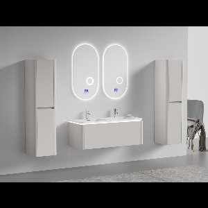 Badkamermeubel 2 persoons - 120 cm - Taupe - 2 zijkasten, 2 ovale LED spiegels