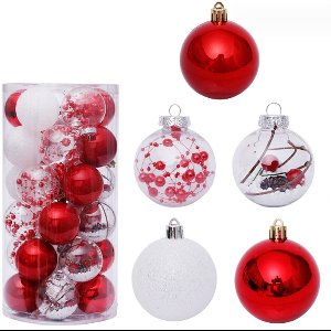 Gigicial 30 Kerstballen - Rode Kerstversieringen - Verschillende Designs Met Glanzend Mat En Glitter 6 Cm - 30 Stuks - Voor Kerstboom En Tafeldecoratie Rood/Wit
