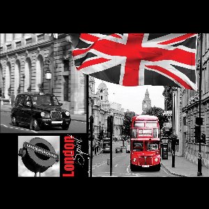 Fotobehang - Vlies Behang - Collage van Londen - Engeland - Rode Dubbeldekker - 254 x 184 cm