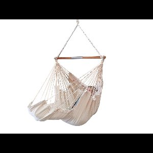 Hangstoel Lounger ecru gemaakt van 2 lagen stof met dikke kussens, hoog draagvermogen en opbergzakjes