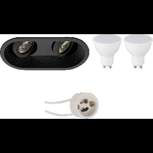LED Spot Set - Pragmi Zano Pro - GU10 Fitting - Dimbaar - Inbouw Ovaal Dubbel - Mat Zwart - 6W - Warm Wit 3000K - Kantelbaar - 185x93mm