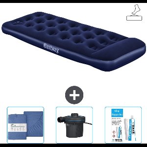 Bestway luchtbed - 1-Persoons - 76 x 185 x 28 cm - Blauw - Inclusief pomp - Hoeslaken - Pomp en Reparatieset