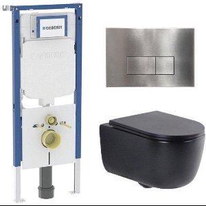 QeramiQ Dely Swirl Toiletset - 36.3x51.7cm - Geberit UP720 Duofix Sigma inbouwreservoir - slim zitting - steel bedieningsplaat - rechthoekige knoppen - mat zwart