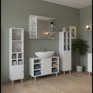 Luxe Badkamermeubelset Fynn – Wit Hoogglans – 4-Delig – Inclusief Spiegelkast, Hoge Kast & Midi Kasten – Moderne Badkamerkastenset met Soft-Close & Opbergruimte