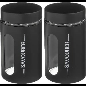 5Five Voorraadbus/voorraadpot - 2x - 0,9L - RVS - met deksel - zwart