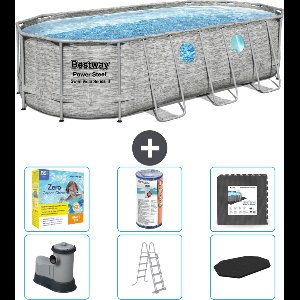 Bestway Ovaal Power Steel Swim Vista Zwembad - Steenprint - 549 x 274 x 122 - Inclusief Pomp - Ladder - Afdekzeil Onderhoudspakket - Filter - Vloertegels