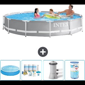 Intex Rond Prism Frame Zwembad - 366 x 76 cm - Grijs - Inclusief Solarzeil - Onderhoudspakket - Zwembadfilterpomp - Filter