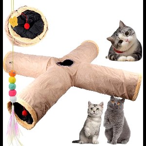 Stunq® Opvouwbare kattentunnel, kattenspeeltje met bal, speeltunnel, knisperende ritseltunnel van suède voor alle katten, konijnen, puppy's en kleine dieren, met hangende grappige kattenstok (X Khaki)