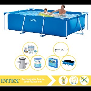 Intex Rectangular Frame Zwembad - Opzetzwembad - 260x160x65 cm - Inclusief Solarzeil Pro, Onderhoudspakket, Zwembadpomp, Filter, Stofzuiger en Zwembadtegels