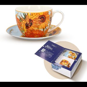 Carmani - Zonnebloemen Kop en Schotel - Koffiekopjes met Schoteltje - Koffiekopjes met Oor - Kopjes Set - Porselein - Cadeau Idee - 240ml