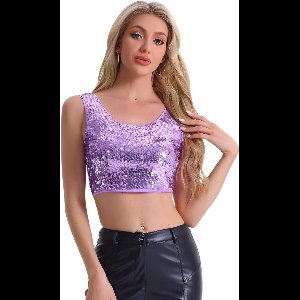 Dames mouwloze pailletten top met buikvrije tanktop in lila, maat L - Ideaal voor feestjes en clubs