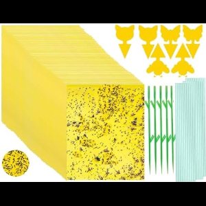 54 stuks vliegenval hangende en steekbare gele plakborden - effectieve bescherming tegen rouwmuggen, bladluizen, mineervliegen en witte vliegen - herbruikbaar - inclusief draadhangers en grondpennen