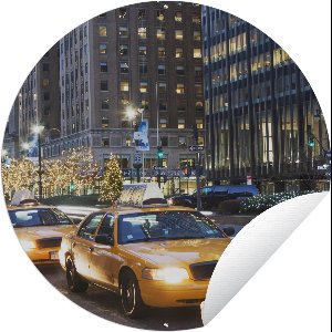 Tuincirkel New York - Taxi - Nacht - 120x120 cm - Ronde Tuinposter - Buiten XXL / Groot formaat!