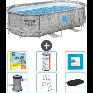 Bestway Ovaal Power Steel Swim Vista Zwembad - Steenprint - 427 x 250 x 100 - Inclusief Pomp - Ladder - Afdekzeil Onderhoudspakket - Filter - Vloertegels